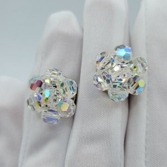 Vintage Crystal Aurora Borealis Clip Earrings Made In Italy #1209 - Picture 15 of 15